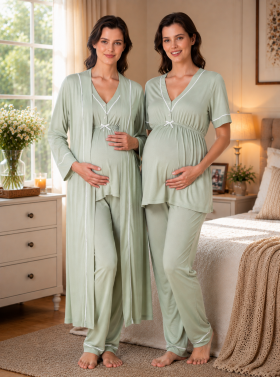 Effortt 5094 Yeşil Biye Detaylı Sabahlıklı Lohusa Pijama Takımı